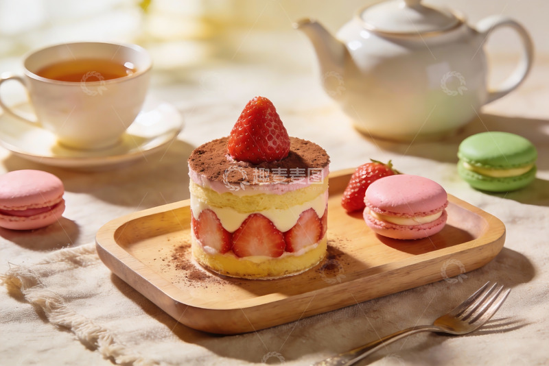 高清大图下载【趣麦麦图】草莓蛋糕与马卡龙下午茶