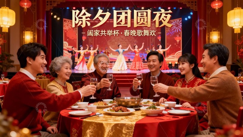 高清大图下载【趣麦麦图】除夕团圆夜家人欢聚举杯