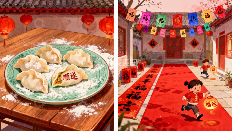 高清大图下载【趣麦麦图】春节饺子与庭院欢庆场景