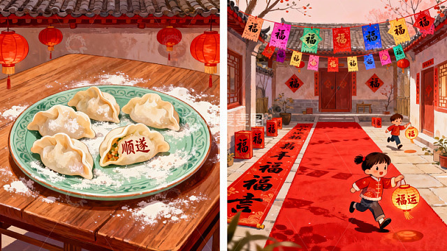 春节饺子与庭院欢庆场景