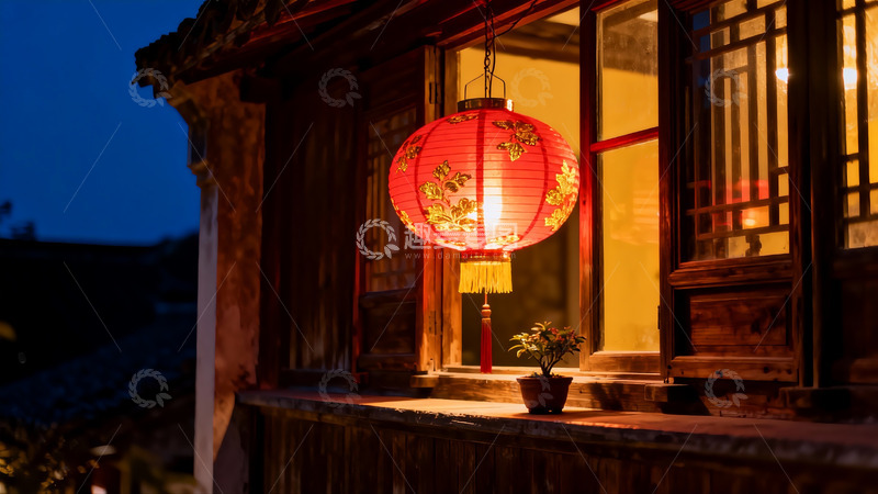 高清大图下载【趣麦麦图】夜幕下古建筑窗前红灯笼