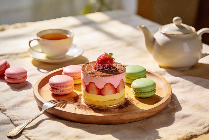 高清大图下载【趣麦麦图】阳光下午茶草莓蛋糕与马卡龙