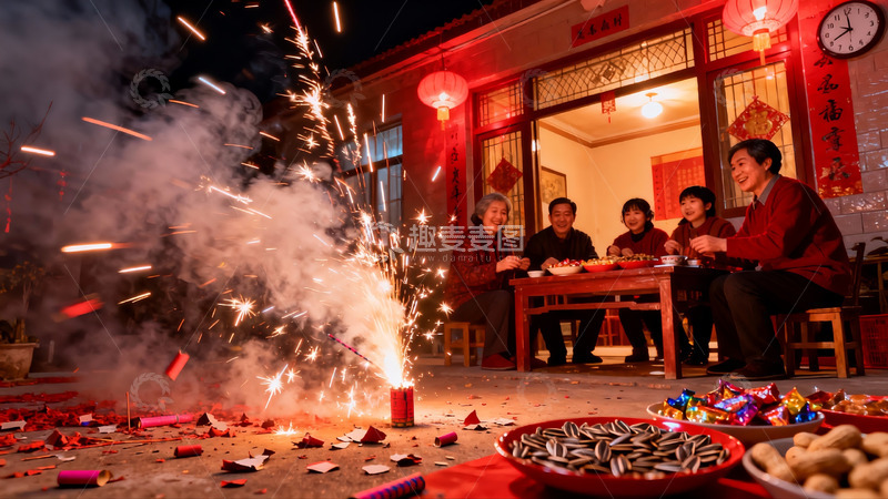 高清大图下载【趣麦麦图】除夕夜庭院烟花聚餐