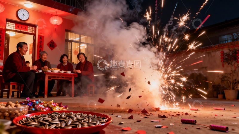 高清大图下载【趣麦麦图】除夕夜庭院燃放烟花家人团聚