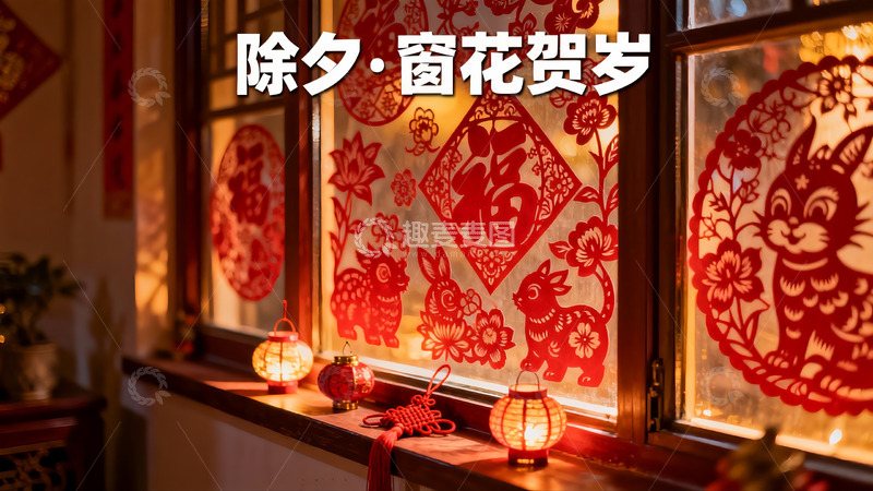 高清大图下载【趣麦麦图】除夕窗花灯笼迎新年