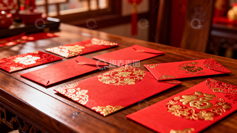 高清大图下载【趣麦麦图】红色红包摆放在木质桌上
