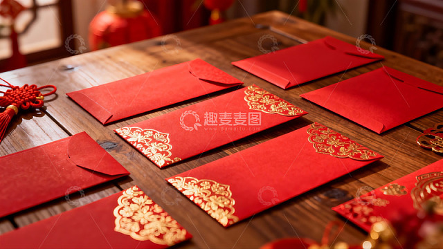 红色红包与中式装饰摆件