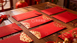 红色红包与中式装饰摆件
