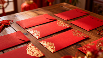 红色红包与中式装饰摆件