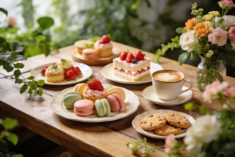 高清大图下载【趣麦麦图】木质桌上的甜点与鲜花