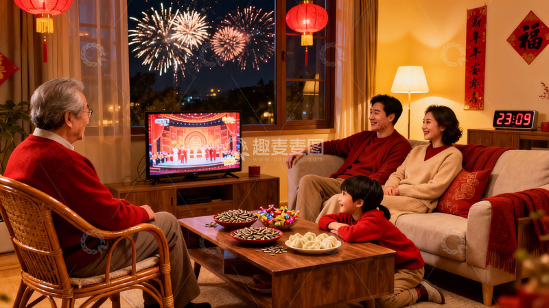 高清大图下载【趣麦麦图】家人除夕夜客厅看春晚