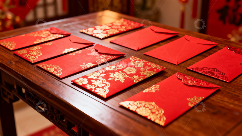 高清大图下载【趣麦麦图】红色红包摆放在木质桌子上