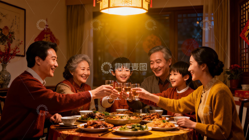 高清大图下载【趣麦麦图】温馨家庭聚餐举杯欢庆