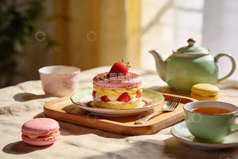 高清大图下载【趣麦麦图】午后茶点草莓甜品与红茶