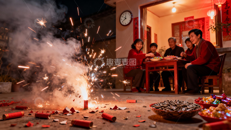 高清大图下载【趣麦麦图】除夕夜家人围坐庭院吃团圆饭