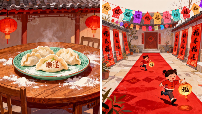 高清大图下载【趣麦麦图】春节庭院欢庆与饺子美食