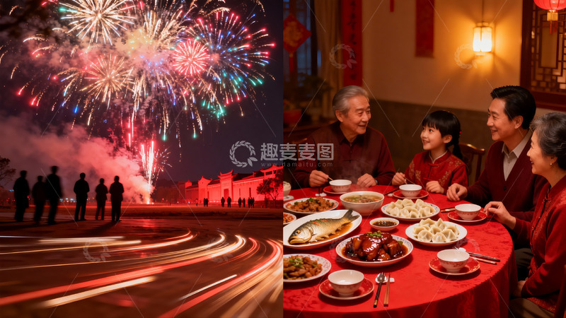 高清大图下载【趣麦麦图】烟花璀璨年夜饭团圆