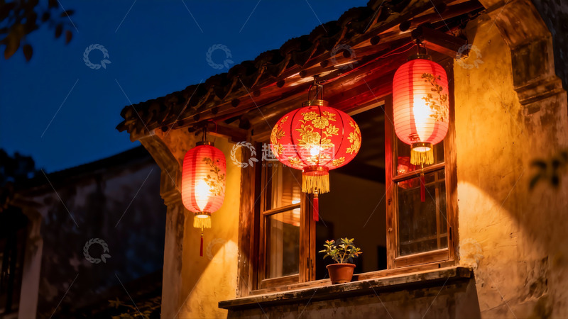 高清大图下载【趣麦麦图】夜色古建筑挂红灯笼