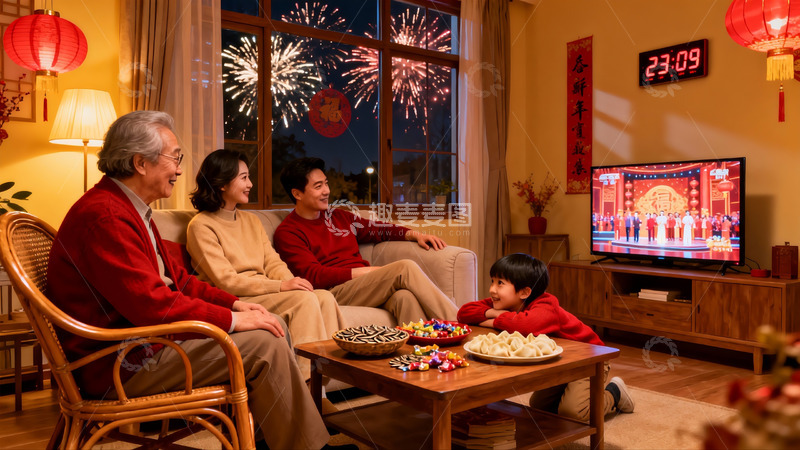 高清大图下载【趣麦麦图】除夕夜家人团聚看春晚
