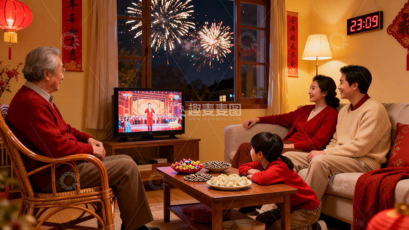 高清大图下载【趣麦麦图】除夕夜家人团聚看春晚