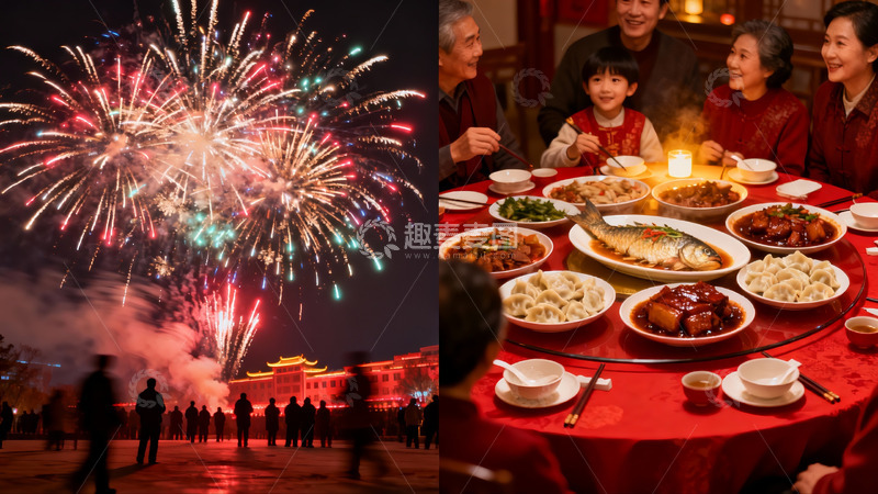 高清大图下载【趣麦麦图】烟花璀璨年夜饭团圆