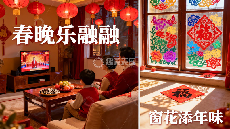 高清大图下载【趣麦麦图】春节家庭团聚看春晚