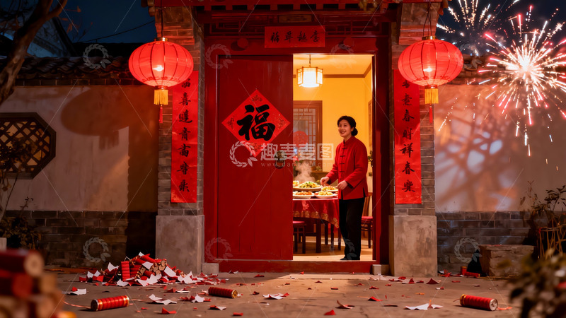 高清大图下载【趣麦麦图】除夕夜庭院烟花绽放家人团聚
