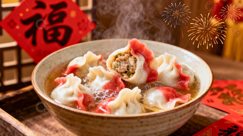 高清大图下载【趣麦麦图】热气腾腾的饺子配新年装饰