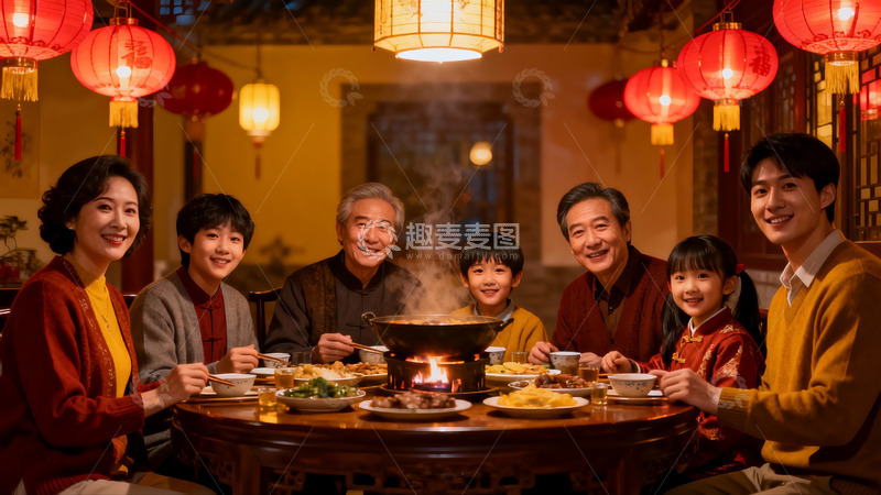 高清大图下载【趣麦麦图】家庭围坐火锅聚餐其乐融融