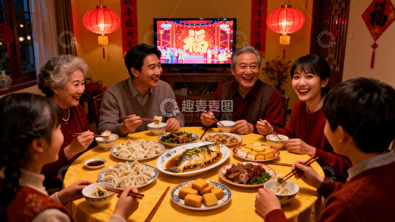 高清大图下载【趣麦麦图】春节团圆饭家人欢聚一堂