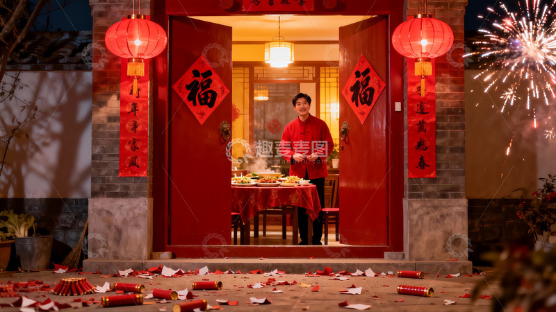 高清大图下载【趣麦麦图】除夕夜庭院烟花庆团圆