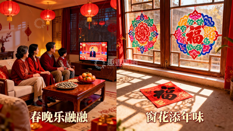 高清大图下载【趣麦麦图】春节家庭团聚看电视