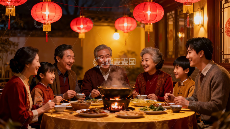 高清大图下载【趣麦麦图】家庭围坐火锅团圆饭