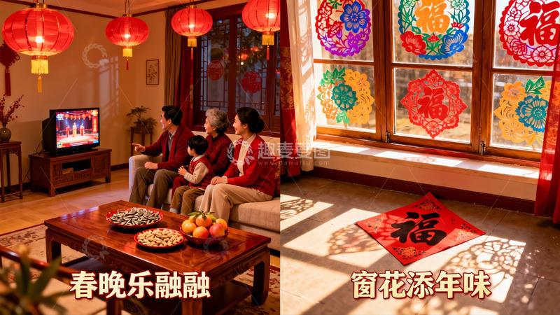 高清大图下载【趣麦麦图】春节家庭团聚看春晚