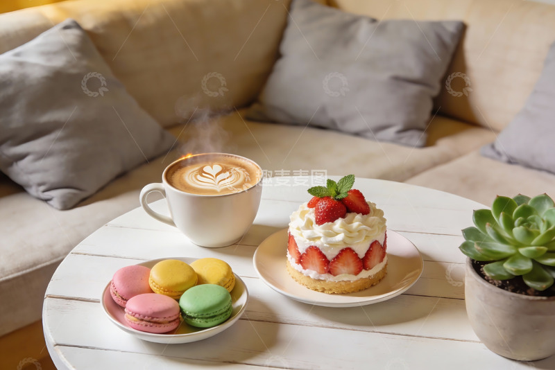 高清大图下载【趣麦麦图】咖啡甜点与绿植的惬意时光