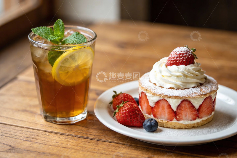 高清大图下载【趣麦麦图】草莓蛋糕配柠檬茶
