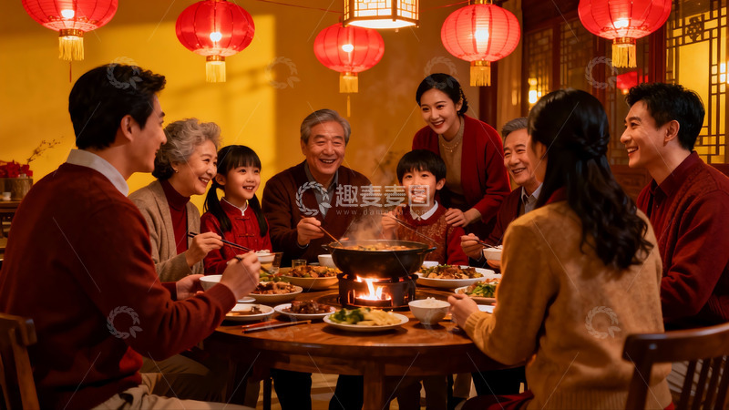 高清大图下载【趣麦麦图】家人围坐火锅宴亲情浓