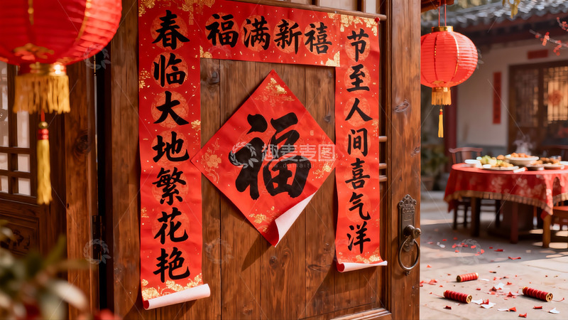 高清大图下载【趣麦麦图】春节庭院挂福字灯笼