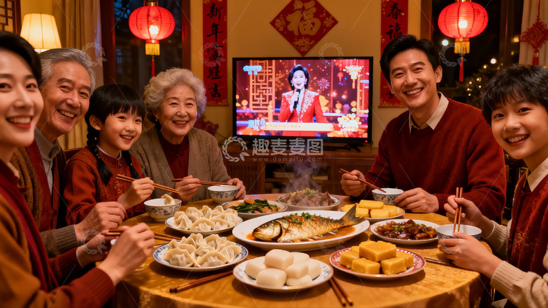 高清大图下载【趣麦麦图】家庭团聚年夜饭温馨场景