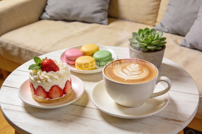 高清大图下载【趣麦麦图】咖啡甜点与绿植摆放在桌