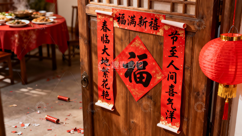 高清大图下载【趣麦麦图】春节装饰木门与餐桌场景