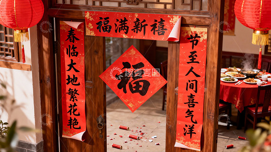 春节装饰的门廊与餐桌