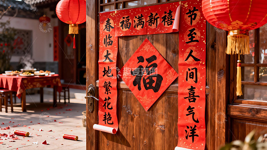 春节庭院门贴春联挂红灯笼