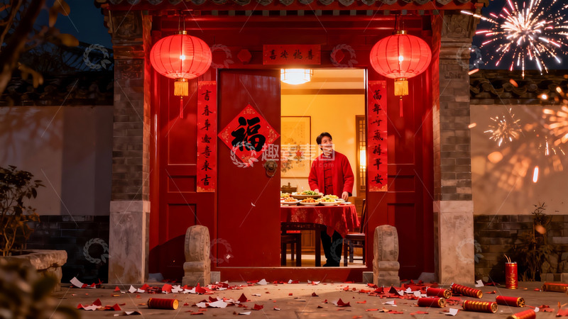 高清大图下载【趣麦麦图】除夕夜庭院灯火通明家人团聚
