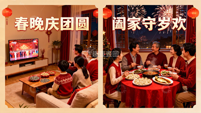 高清大图下载【趣麦麦图】春节团圆饭与春晚观看