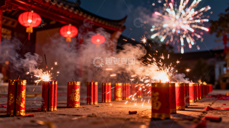 高清大图下载【趣麦麦图】夜景烟花与红灯笼交相辉映