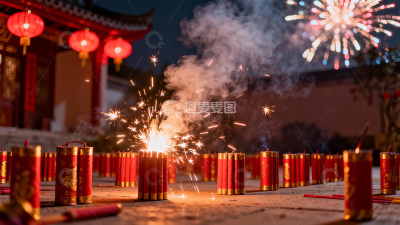 高清大图下载【趣麦麦图】夜景烟花鞭炮齐放喜庆氛围