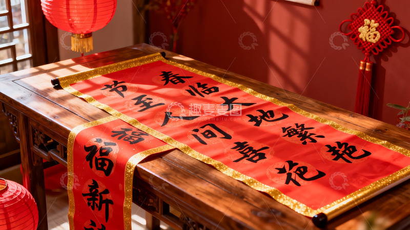 高清大图下载【趣麦麦图】春节装饰红毯木桌场景