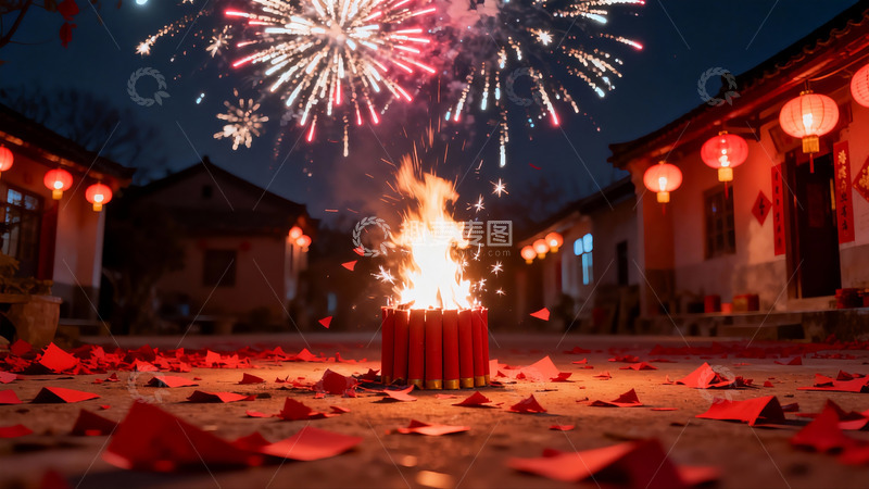 高清大图下载【趣麦麦图】夜空烟花绽放庭院红纸散落