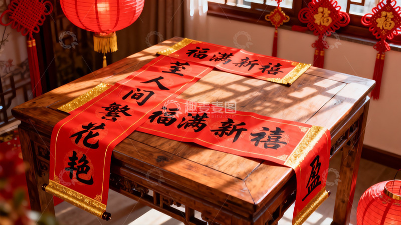 高清大图下载【趣麦麦图】春节室内装饰红灯笼对联